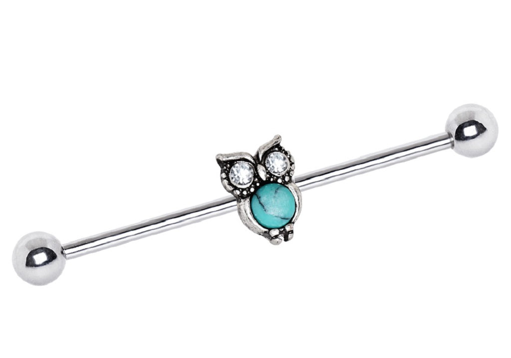 Industrial Barbell 316L Stainless Steel Turquoise Owl