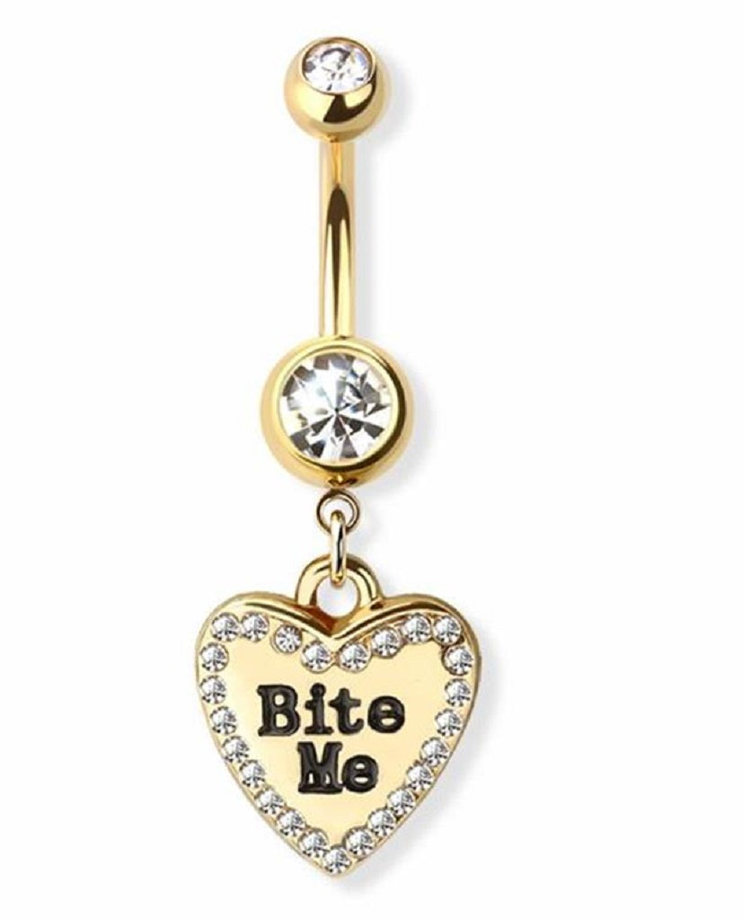Belly Button Ring Navel gem Heart Bite Me dangling