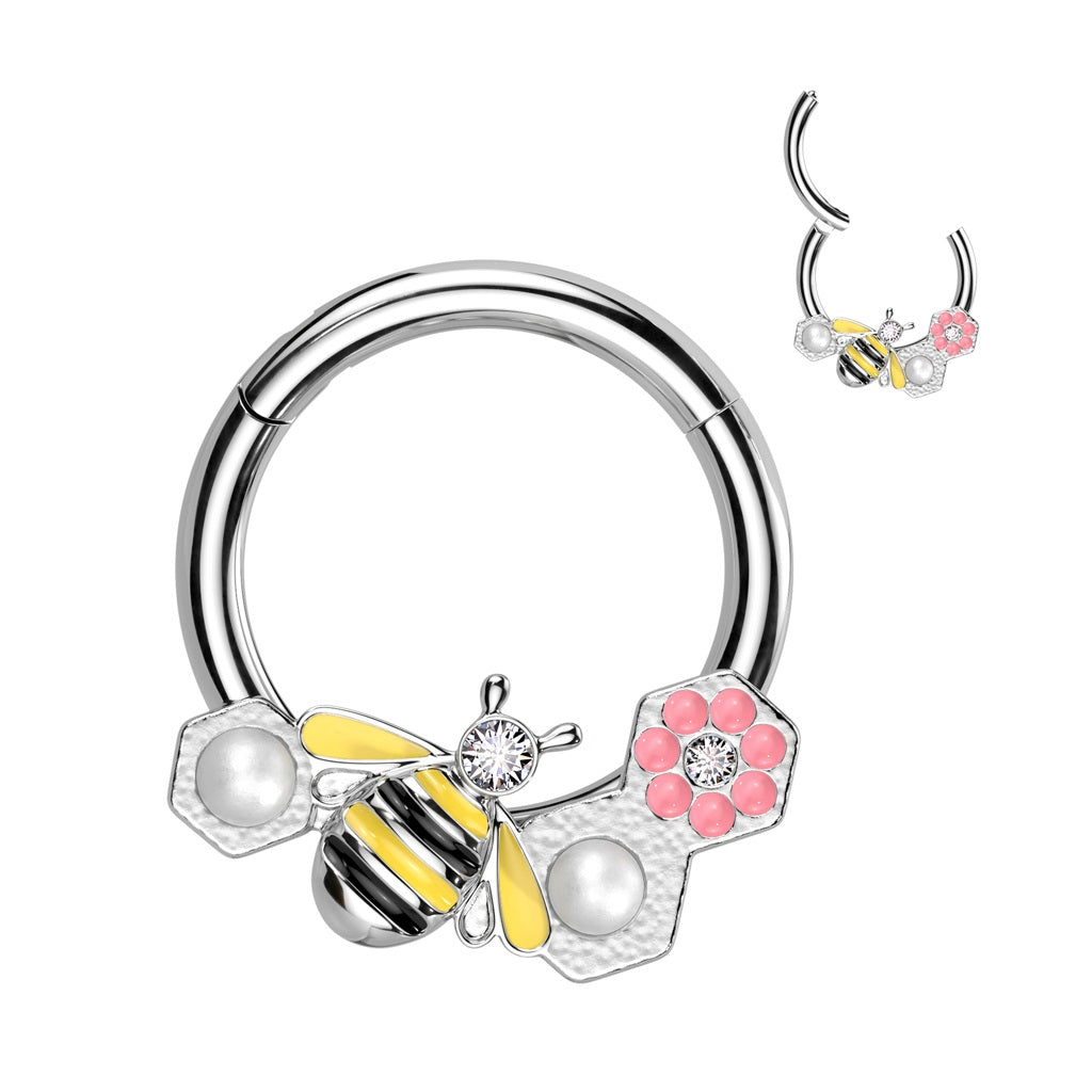 Septum Nose Ring Hinged Segment Ring Bee, Pink Flower and Pearls