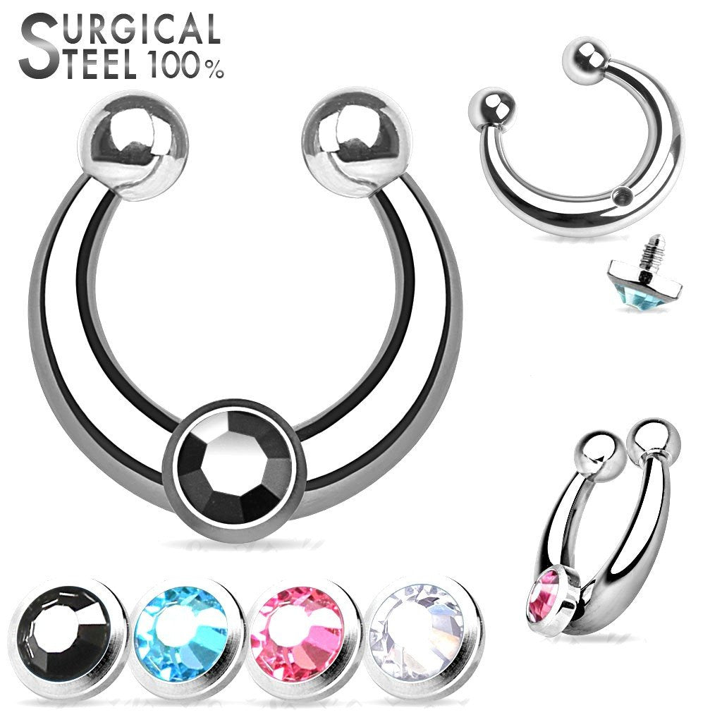 Septum 316L Surgical Steel Fake Septum Hanger with 4 InterchangableCrystal Set Threaded Tops