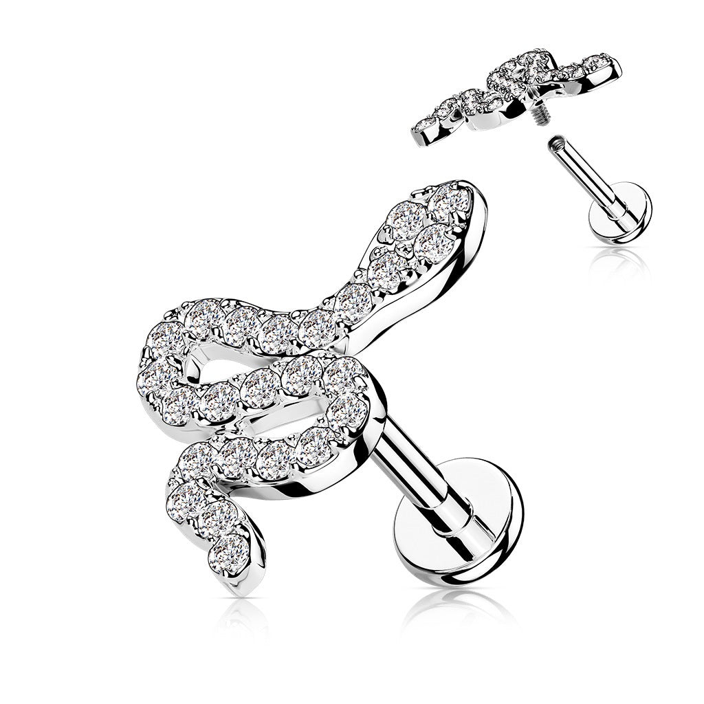 CZ Paved Snake Top Internally Threaded 316L Surgical Steel Stud Labret, Monroe, Cartilage