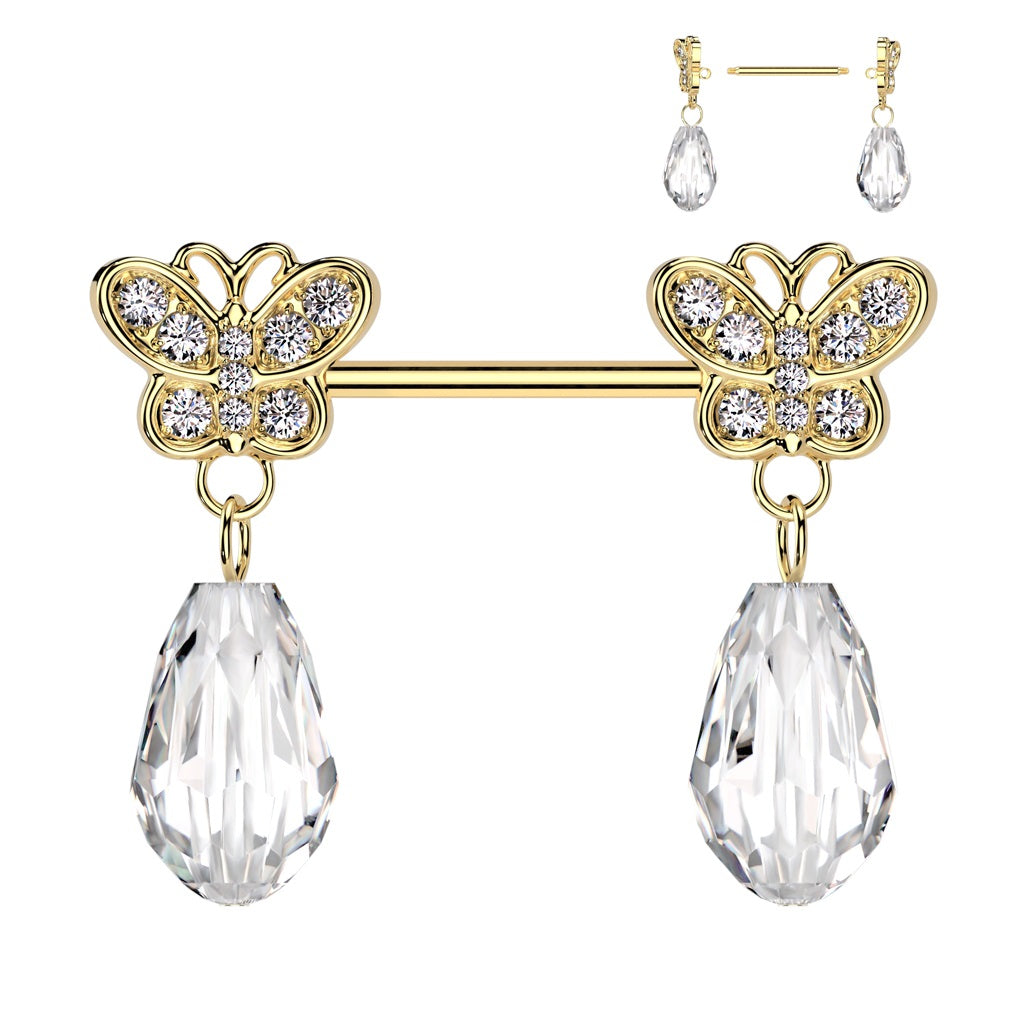 Nipple Ring CZ Pave Butterfly and Acrylic Gem Dangle Barbell pair