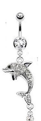 316L Surgical Steel Multi CZ Paved Dolphin with Orb Drop Dangle Navel Ring .