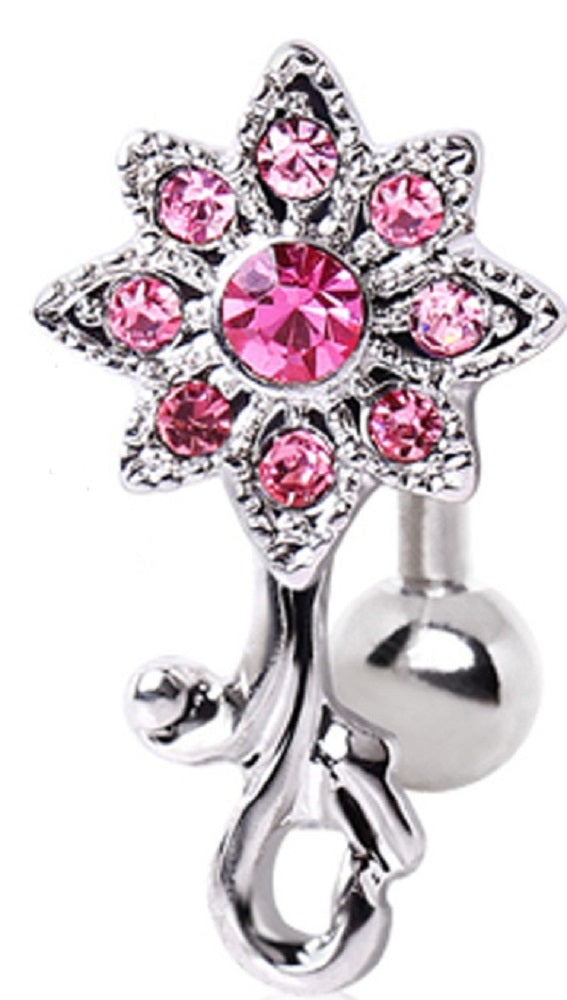 Belly Button Ring 316L Surgical Steel Gemmed Flower Top Down Navel Ring 14g 3/8'