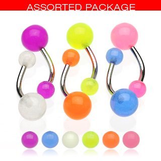 Body Accentz™ Glow in Dark Belly Rings Set of 6 Navel Rings Body Jewelry Piercing Bar Ring Rings 14g (put under light to recharge)