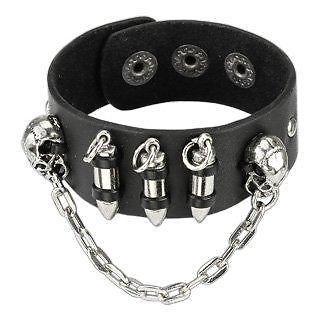 Black Leather Bracelet with Chained Skulls and Three Bullets Adjustable Snap