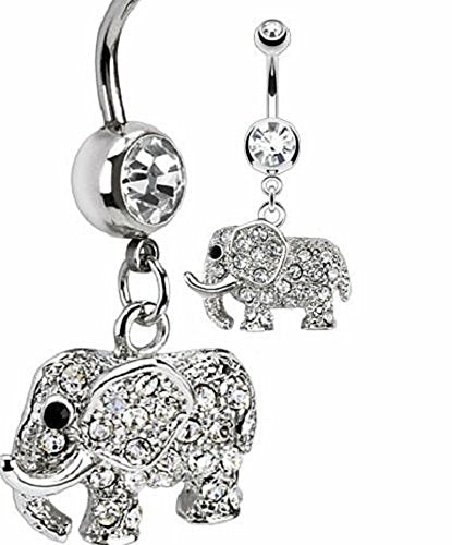 Belly Button Ring 316L Surgical Steel Multi Paved CZs Elephant Dangle Navel