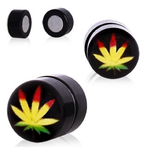 Earrings Rings Magnetic Rasta Pot Leaf Top Black Acrylic Fake Plug Pair