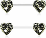 Pair of Steampunk Hearts Nipple Piercing Rings Steel Barbells - 14G 9/16''