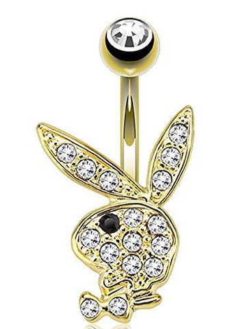 Body Accentz Multi Paved Gems on Playboy Bunny 316L Surgical Steel Navel Belly Button Ring (Goldtone Black Eye)