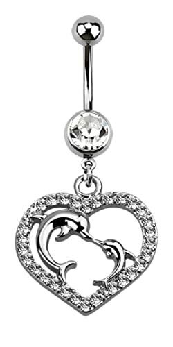 Belly Button Ring Navel Heart with dolphins gem studded