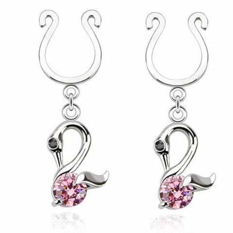 Body Accentz Nipple Rings non pierce pair Clip On Nipple Ring Swan Dangle with Single CZ