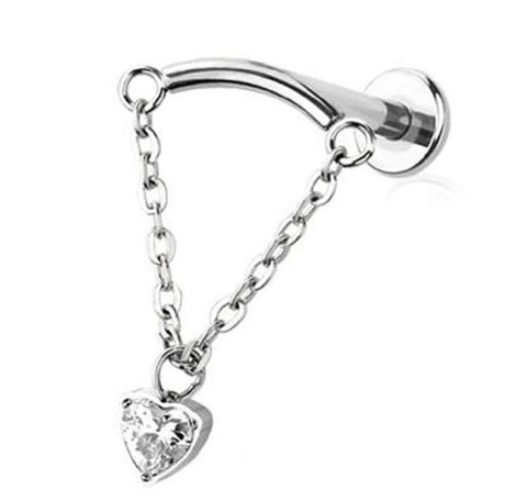 Labret  CZ Heart chain  316L Surgical Steel Cartilage, Barbell Studs