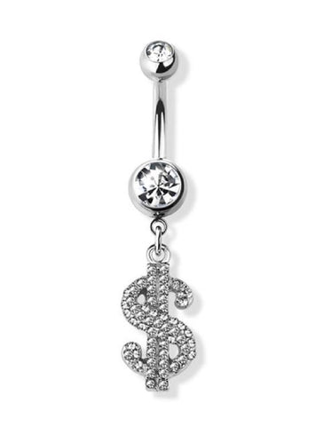 Belly Button Ring Navel Paved dollar sign dangling