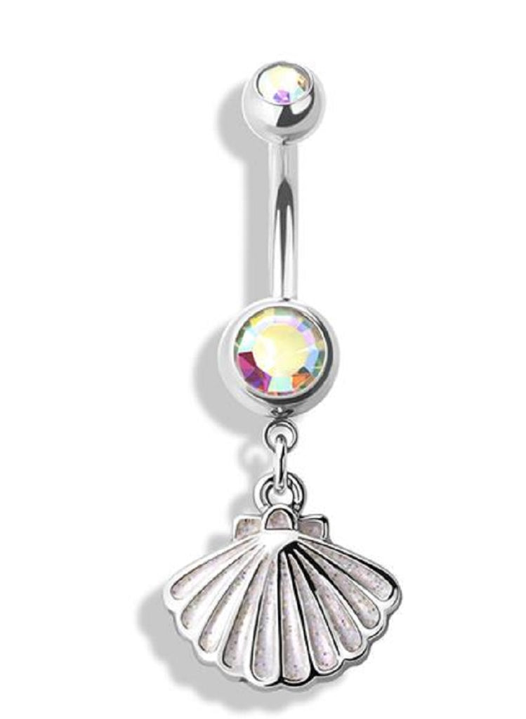 Belly Button Ring Navel simple plain Sea Shell dangle Ab CZ