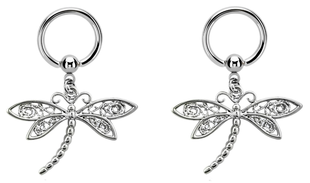 Nipple rings 316L Stainless Steel  Captive Bead 14g Black dragonfly pair