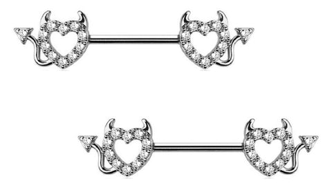 Nipple Ring CZ Devil Horn Heart Tail Nipple Barbell Sold as a pair