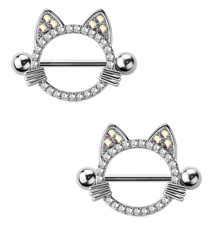 Nipple Ring CZ Cat Kitten Kitty Nipple Barbell Sold as a pair