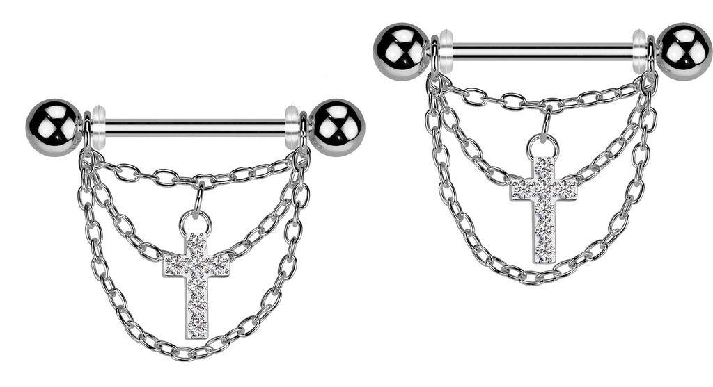 Nipple Ring With Triple Chain and CZ Pave Cross Dangle Barbell