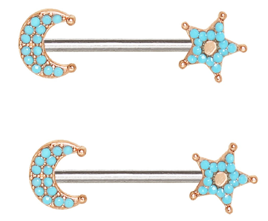 Nipple Ring Rose Gold Plated Turquoise Bead Moon & Star Barbell