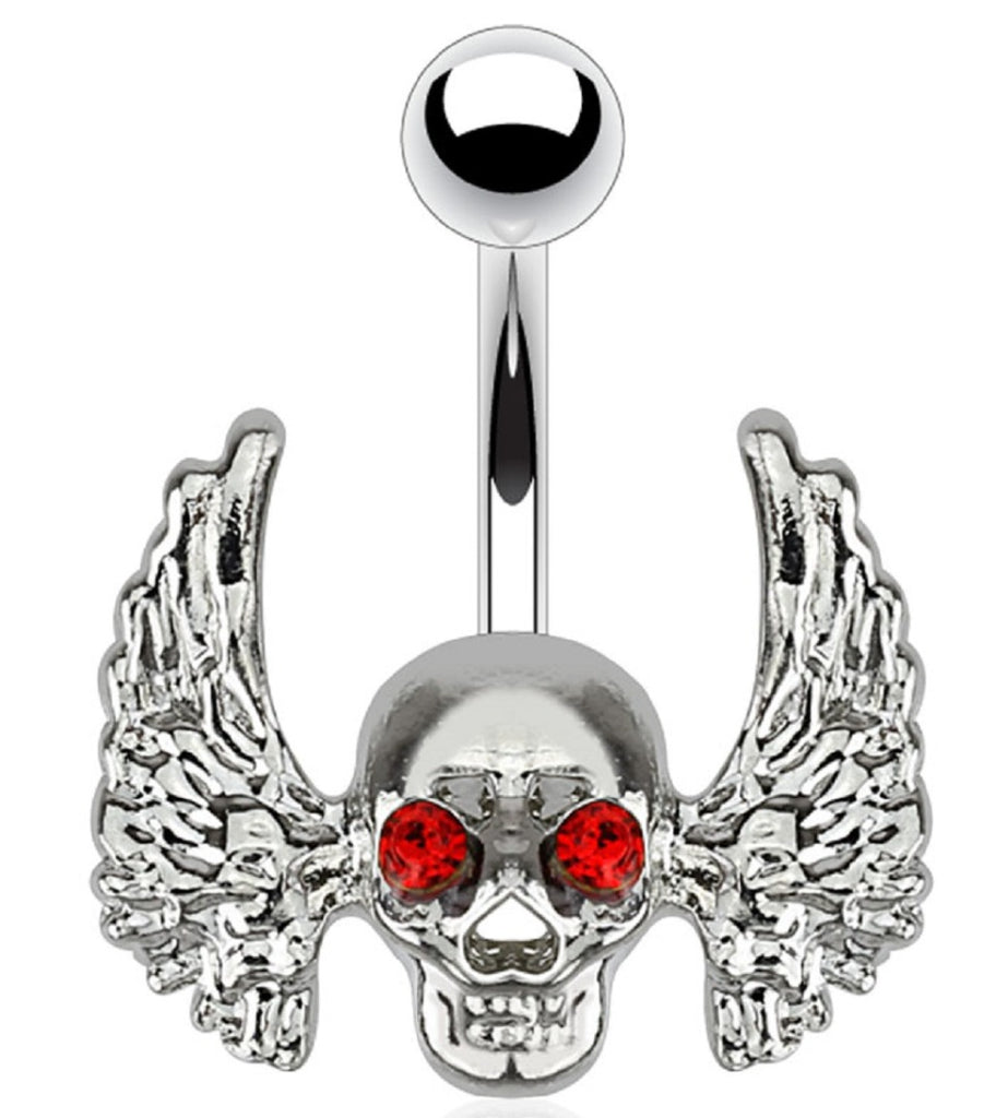 Belly Button Ring Navel Skull Red Gem Eyes Angel Wings 14 Gauge 3/8'' bar