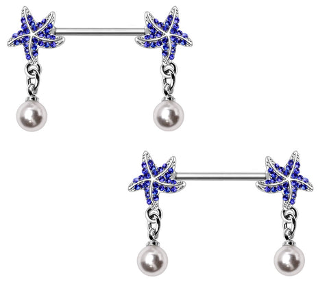 Nipple Ring 316L Surgical Steel Blue Starfish and Pearl