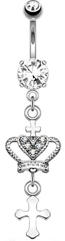 Belly Button Ring Heart CZ Crown with Cross Dangle Navel Ring