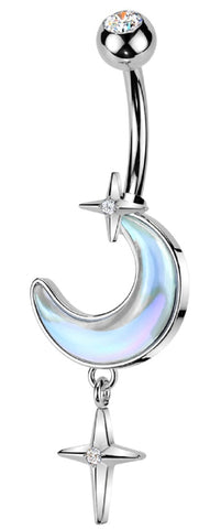 Belly Button Ring  Aurora Borealis Crescent Moon CZ Star Navel