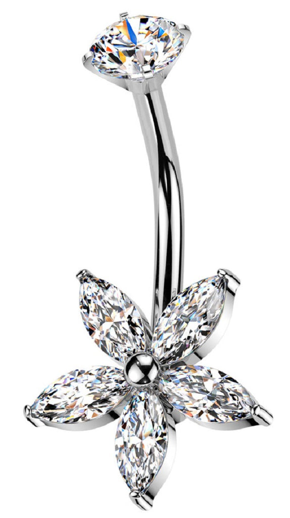 Belly Button Ring Internally Threaded Marquise CZ Flower Star