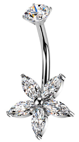 Belly Button Ring Internally Threaded Marquise CZ Flower Star