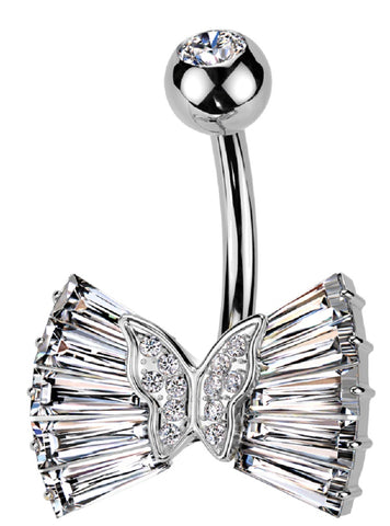 Belly Button Ring CZ Ribbon Butterfly Center Belly Button Navel