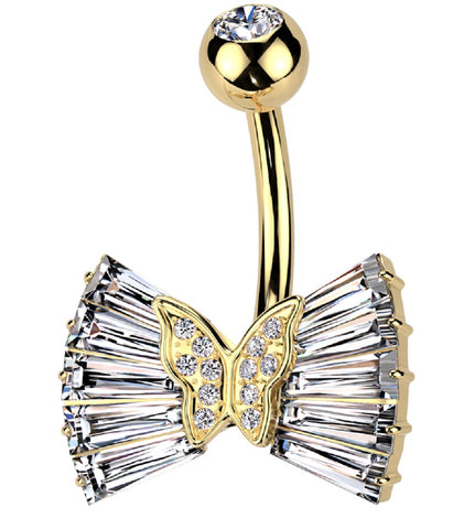 Belly Button Ring CZ Butterfly Center Ribbon Belly Button Navel