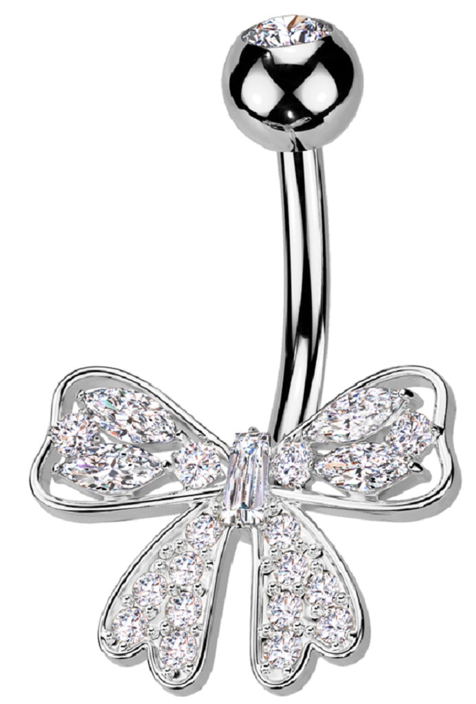 Belly Button Ring 316L Surgical Steel Pave CZ Ribbon Navel