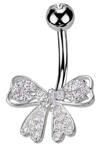 Belly Button Ring 316L Surgical Steel Pave CZ Ribbon Navel