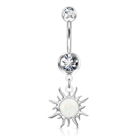 Belly Button Ring CZ Tribal Sun with Opal Glitter Center Navel