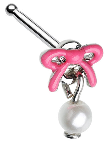 Nose Stud Pink Enamel Pearl Drop Bow Ribbon Bone Rings 20g 1/4'' bar