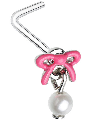 Nose Stud Pink Enamel Pearl Drop Bow Ribbon L Bend Rings 20g 1/4'' bar