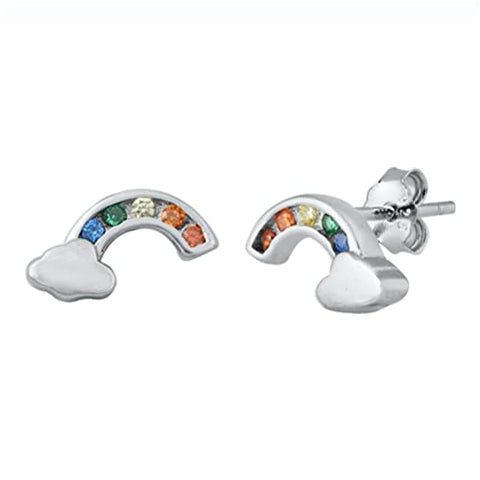 .925 Sterling Silver CZ Earrings - Rainbow Cloud Post Stud