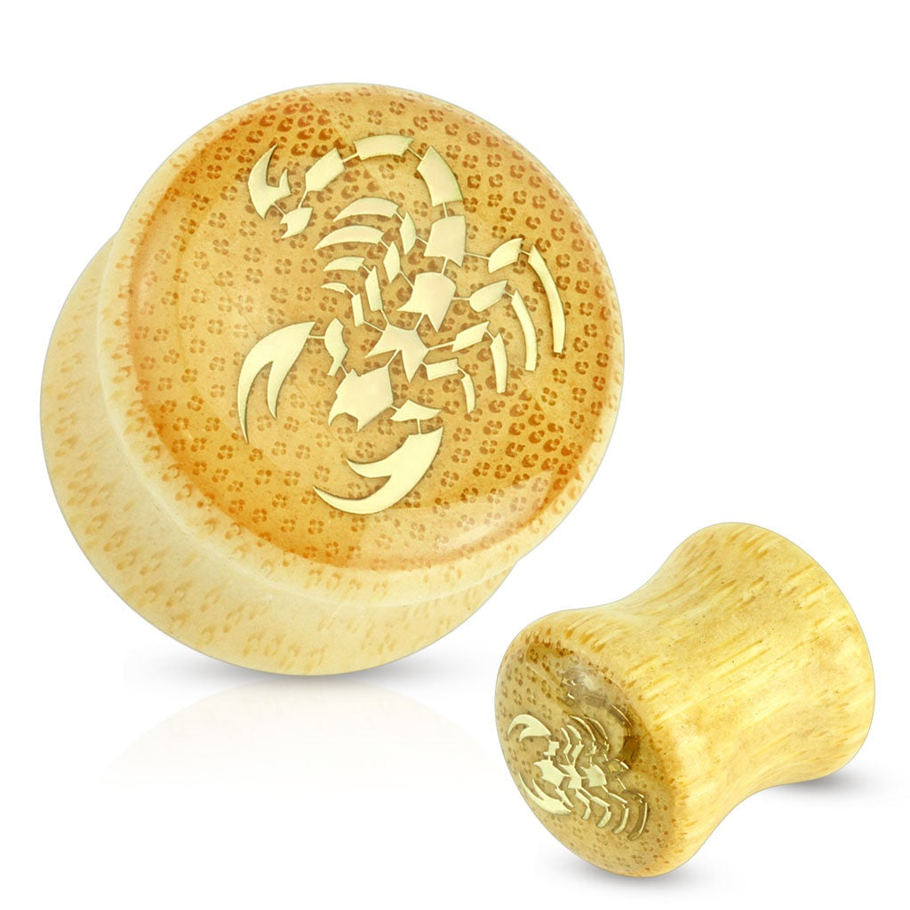Earrings Golden Scorpion Enamel Inlay Organic Bamboo Saddle Fit Plug Pair 5/8"