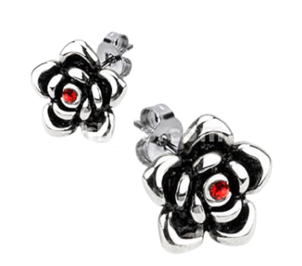 Pair of 316L Stainless Steel Full Bloom Rose with Red CZ Ear Stud Post Earrings