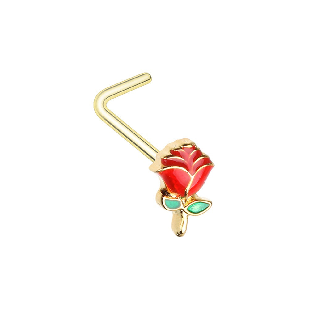 Nose Ring 20g 6mm Enchanted Long stem Rose 316L Surgical Steel L Bend Stud (Goldtone)