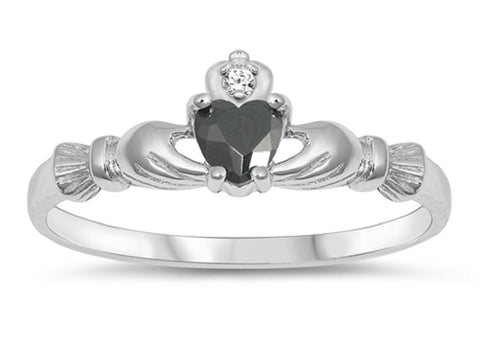 STERLING SILVER RING W/CZ Faux Onyx Claddagh pinky right hand - 6