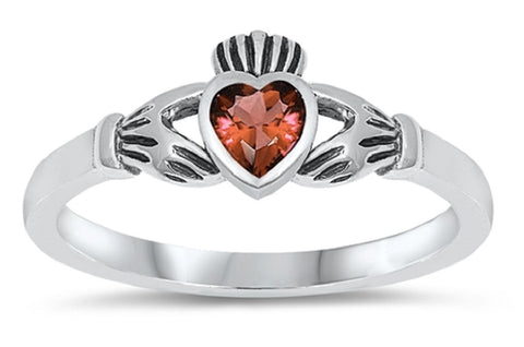 Sterling Silver Ring W/cz Faux Ruby Claddagh Ring