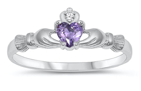 STERLING SILVER  RING W/CZ Faux Amethyst Claddagh pinky Size 5