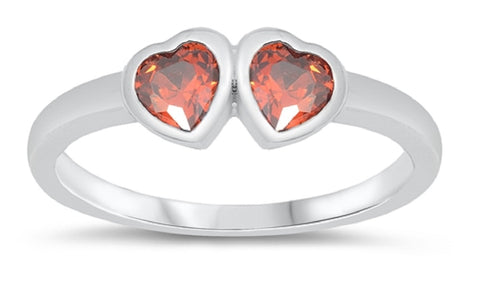 STERLING SILVER  RING W/CZ Faux garnet - Double Heart pinky ring