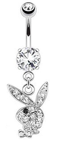 Belly Button Ring Multi Paved Gems on Playboy Bunny Dangle 316L Surgical Steel Navel Ring