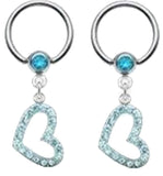 Nipple Ring Gemmed Captive Bead w/Gem Paved Heart Dangle 316L Surgical Steel