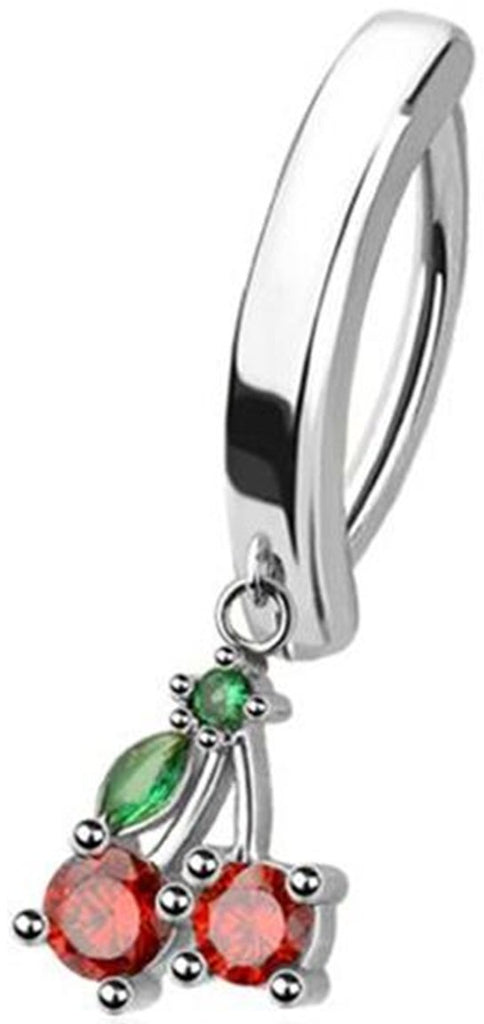 316L Surgical Steel Cherry Dangle Belly Ring, 14GA, 3/8 Inch, Red and Green CZ, Clicker Style