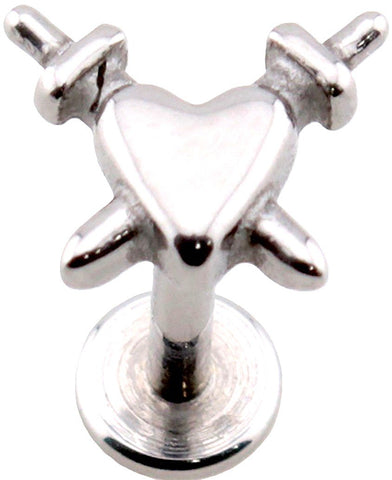 Heart and Crossbones Threadless Push-In Labret, 316L Surgical Steel, 18GA, 5/16" Length, Silver