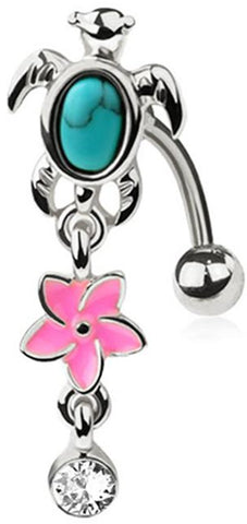 316L Surgical Steel Belly Button Navel Ring, Turtle with Turquoise Stone, Pink Plumeria Flower Dangle, 14GA, 3/8 Inch